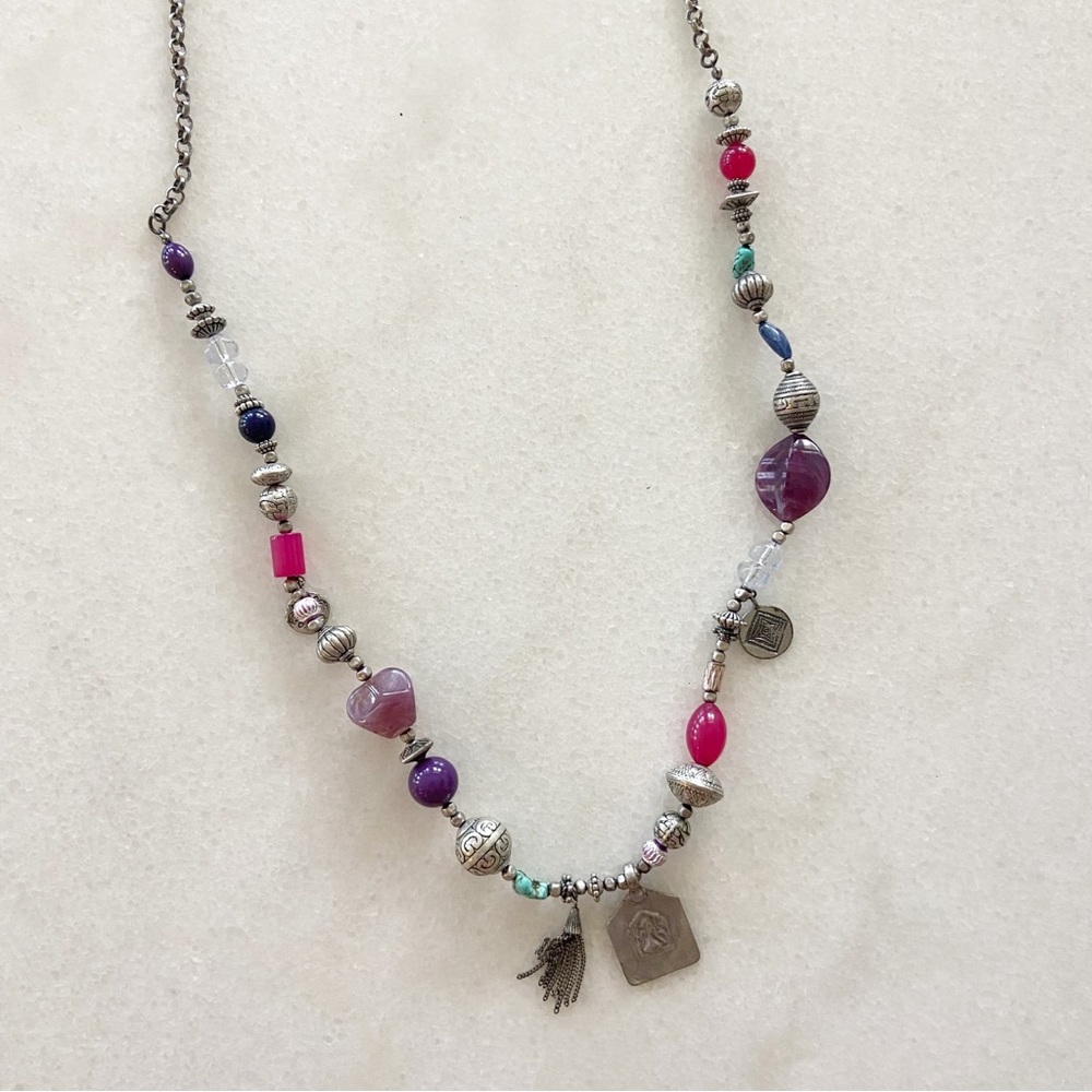 Chico’s Silver Pendant Tassel Necklace Pink Purple Stones